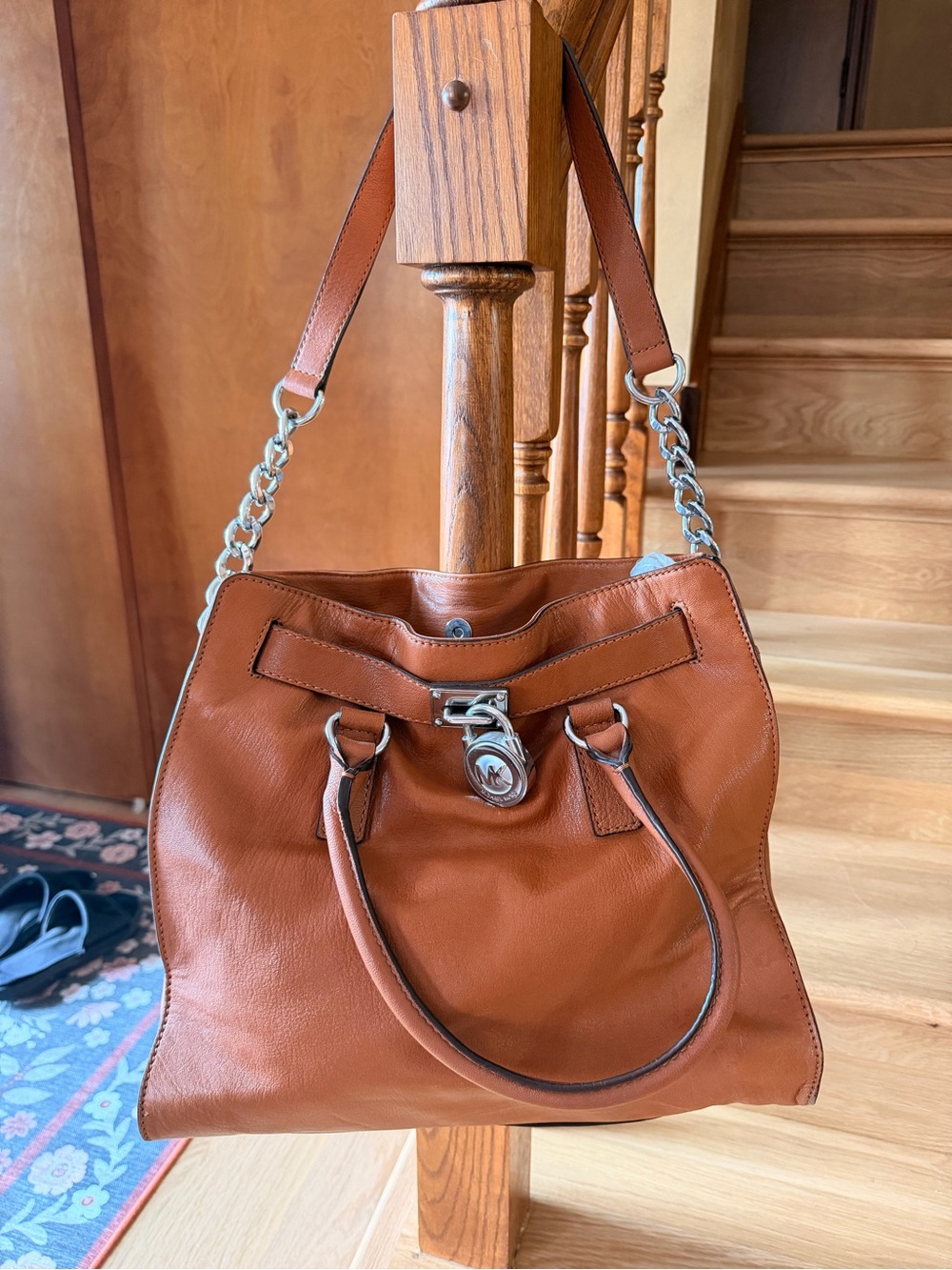 Michael Kors Hamilton Cognac Leather Lock Tote Shoulder Bag